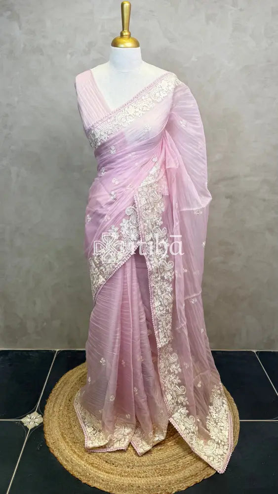 ORGANZA EMBROIDERY SAREE - Pink