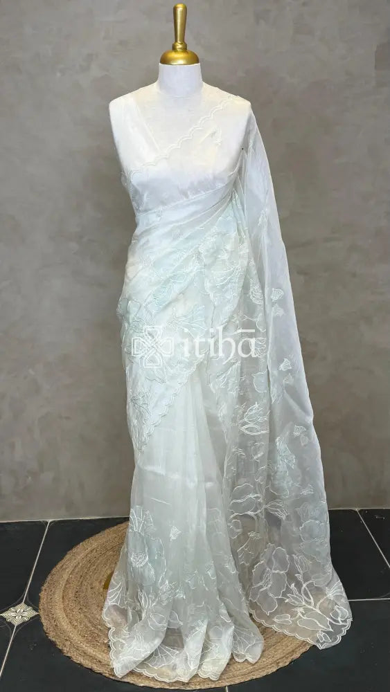 ORGANZA EMBROIDERY SAREE - SAGE MINT