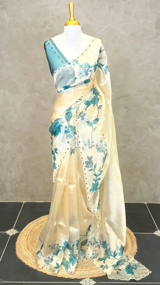 ORGANZA EMBROIDERY SAREE - teal blue