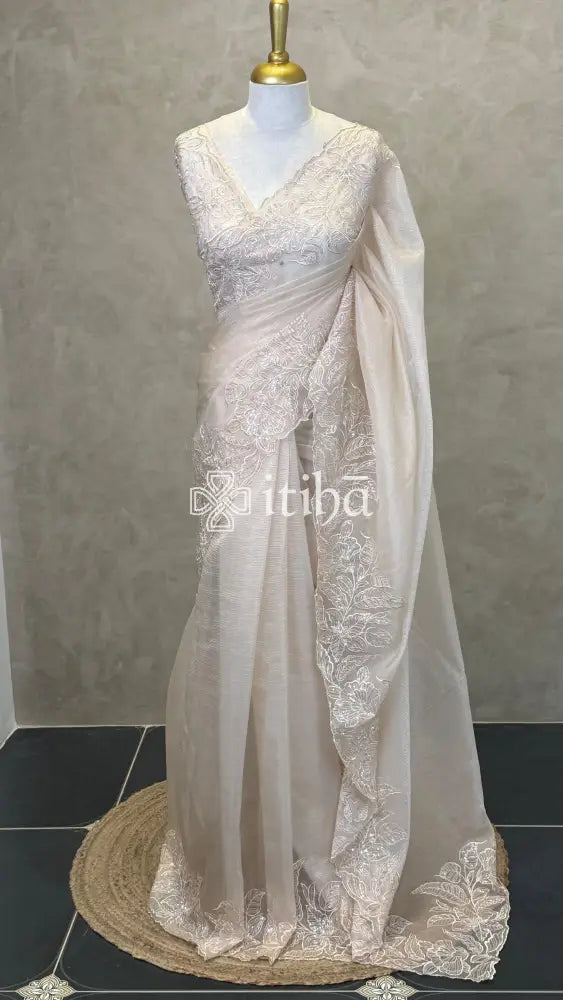 ORGANZA HAND EMBROIDERY DESIGNER SAREE - Beige