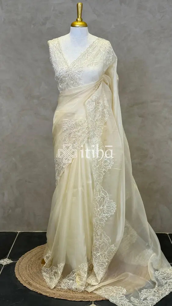 ORGANZA HAND EMBROIDERY DESIGNER SAREE - CREAM