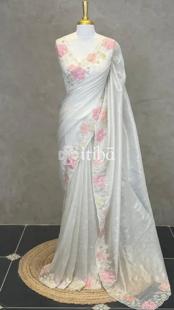 ORGANZA HAND EMBROIDERY DESIGNER SAREE - IVORY WHITE