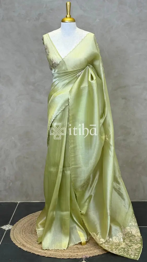 ORGANZA HAND EMBROIDERY DESIGNER SAREE - LIGHT GREEN