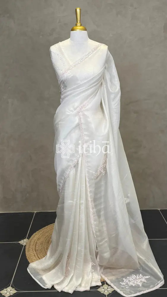 ORGANZA HAND EMBROIDERY DESIGNER SAREE - OFF WHITE