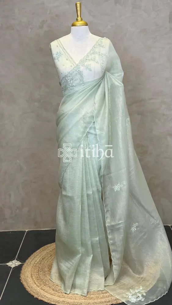 ORGANZA HAND EMBROIDERY DESIGNER SAREE - PASTEL GREEN