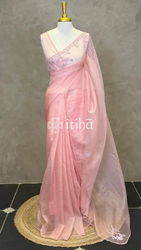 ORGANZA HAND EMBROIDERY DESIGNER SAREE - PEACH PINK