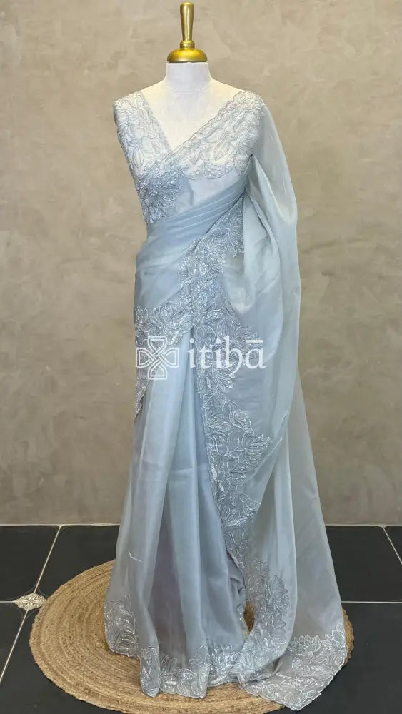 ORGANZA HAND EMBROIDERY DESIGNER SAREE - POWDER BLUE