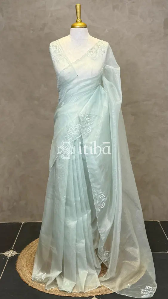 ORGANZA HAND EMBROIDERY DESIGNER SAREE - SAGE MINT
