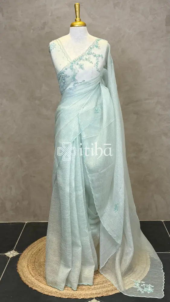 ORGANZA HAND EMBROIDERY DESIGNER SAREE - SAGE MINT
