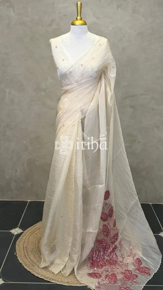 ORGANZA HAND EMBROIDERY SAREE - Beige
