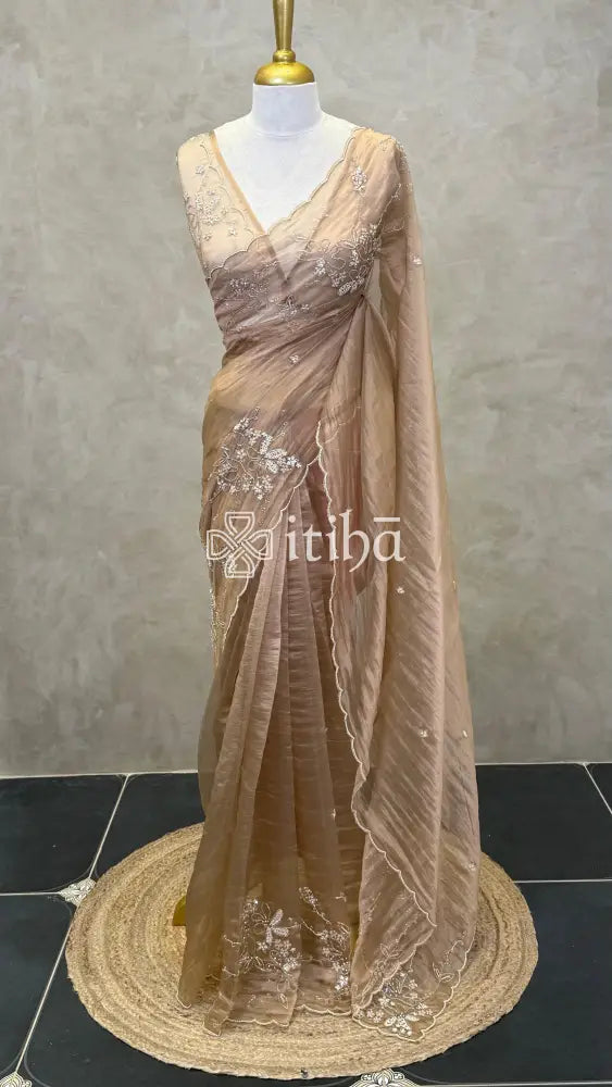 ORGANZA HAND EMBROIDERY SAREE - BEIGE BROWN
