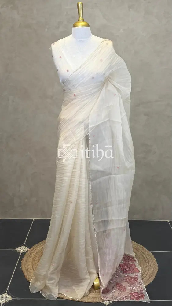 ORGANZA HAND EMBROIDERY SAREE - LIGHT BEIGE