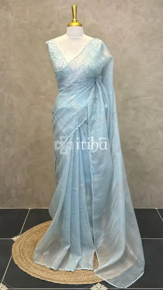 ORGANZA HAND EMBROIDERY SAREE - LIGHT BLUE