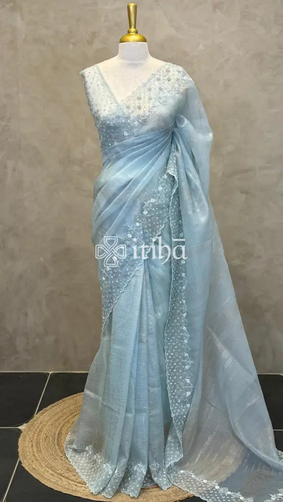 ORGANZA HAND EMBROIDERY SAREE - LIGHT BLUE