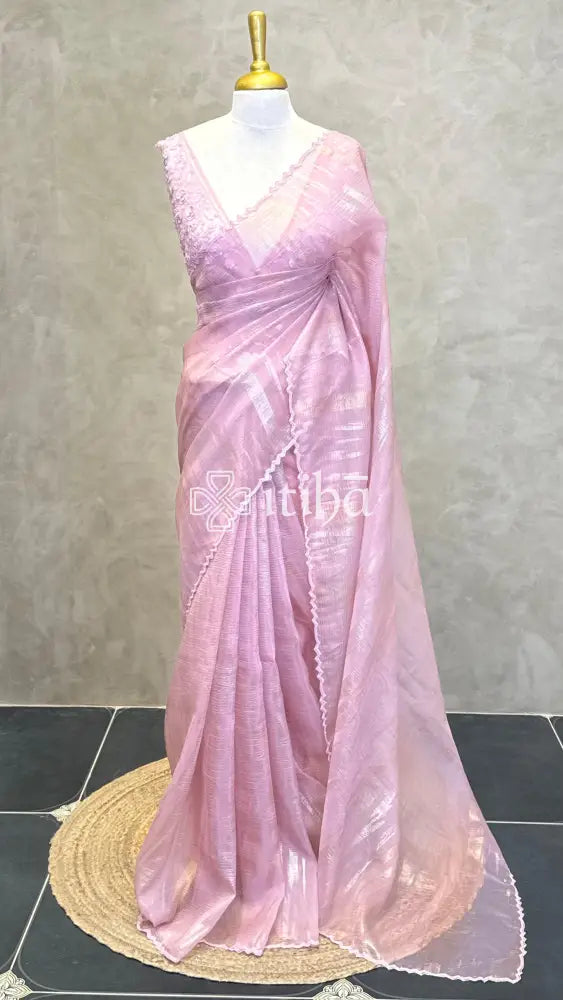 ORGANZA HAND EMBROIDERY SAREE - LIGHT PINK