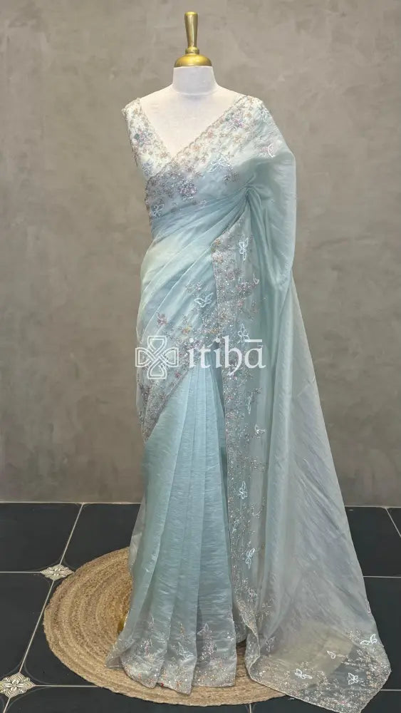 ORGANZA HAND EMBROIDERY SAREE - MINT AQUA