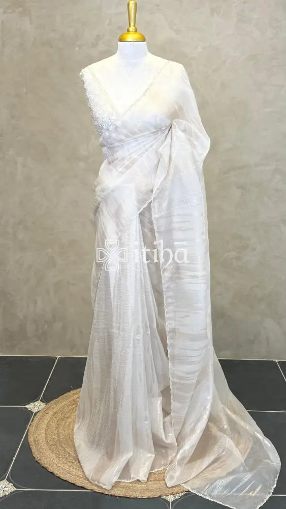 ORGANZA HAND EMBROIDERY SAREE - OFF WHITE