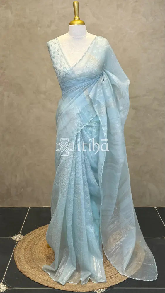 ORGANZA HAND EMBROIDERY SAREE - PASTEL BLUE