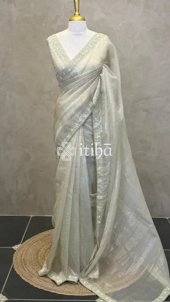 ORGANZA HAND EMBROIDERY SAREE - PASTEL PISTA GREEN