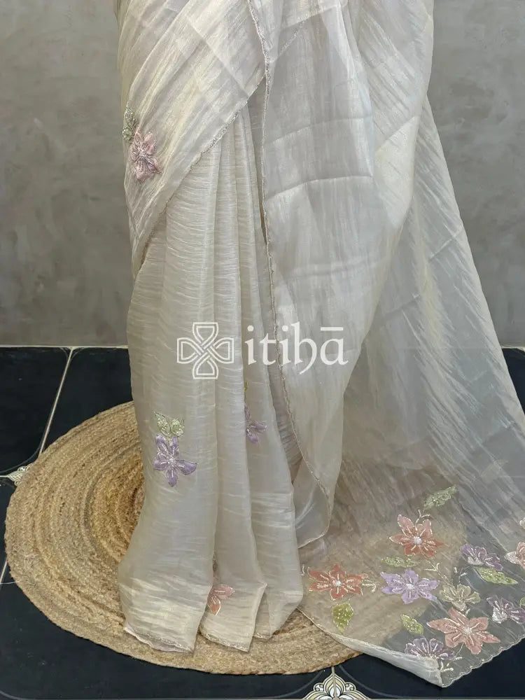 ORGANZA HANDWORK EMBROIDERY APPLIQUE SAREE