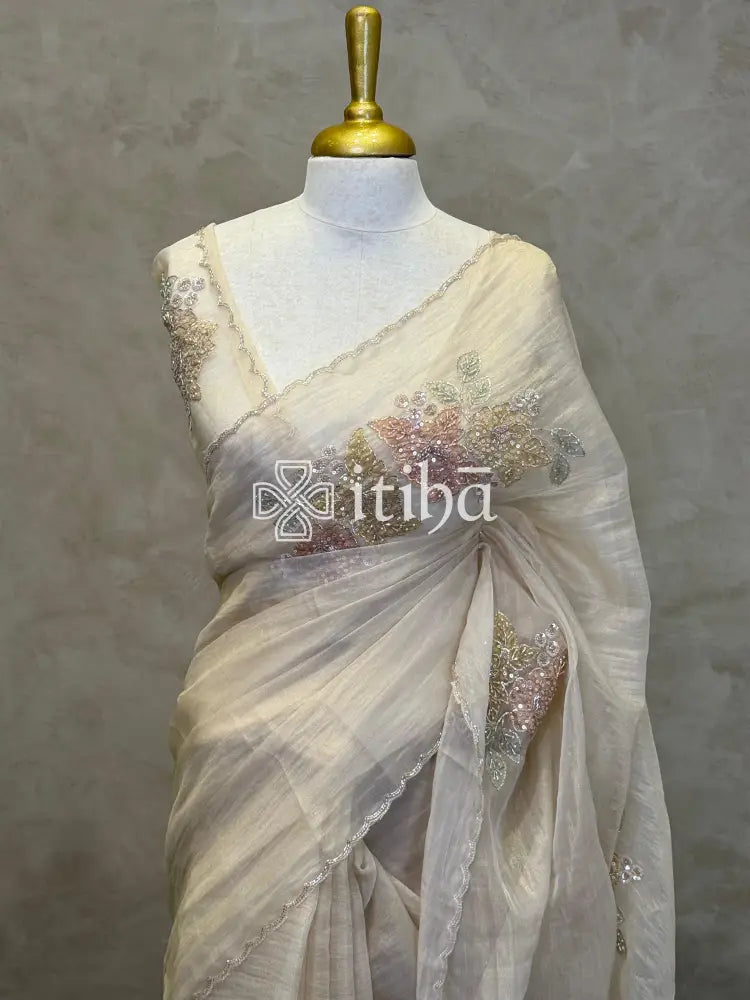 ORGANZA HANDWORK EMBROIDERY APPLIQUE SAREE