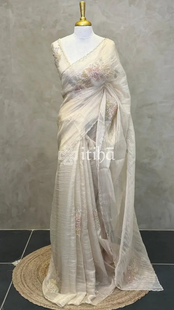 ORGANZA HANDWORK EMBROIDERY APPLIQUE SAREE - Beige