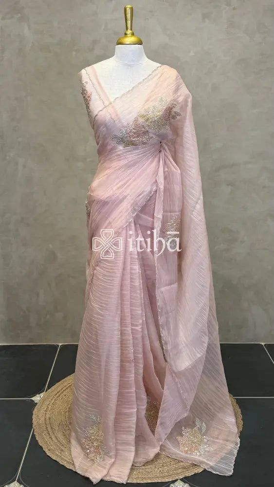 ORGANZA HANDWORK EMBROIDERY APPLIQUE SAREE - PEACH