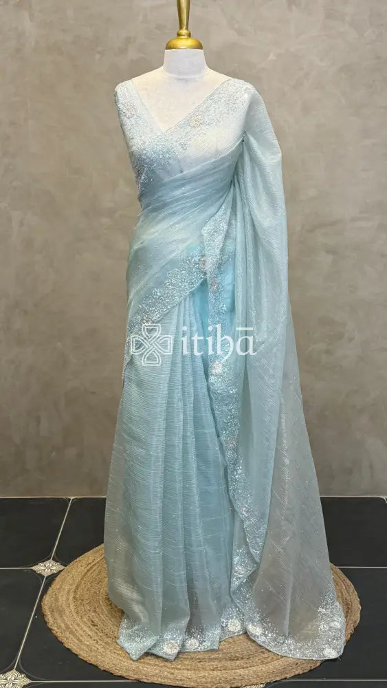 ORGANZA HANDWORK SAREE - PASTEL AQUA GREEN