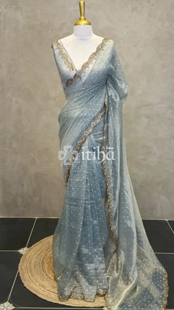 ORGANZA HANDWORK SAREE - PASTEL SAGE GREEN