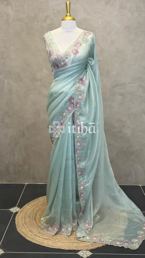 ORGANZA HANDWORKED SAREE - PASTEL SAGE GREEN