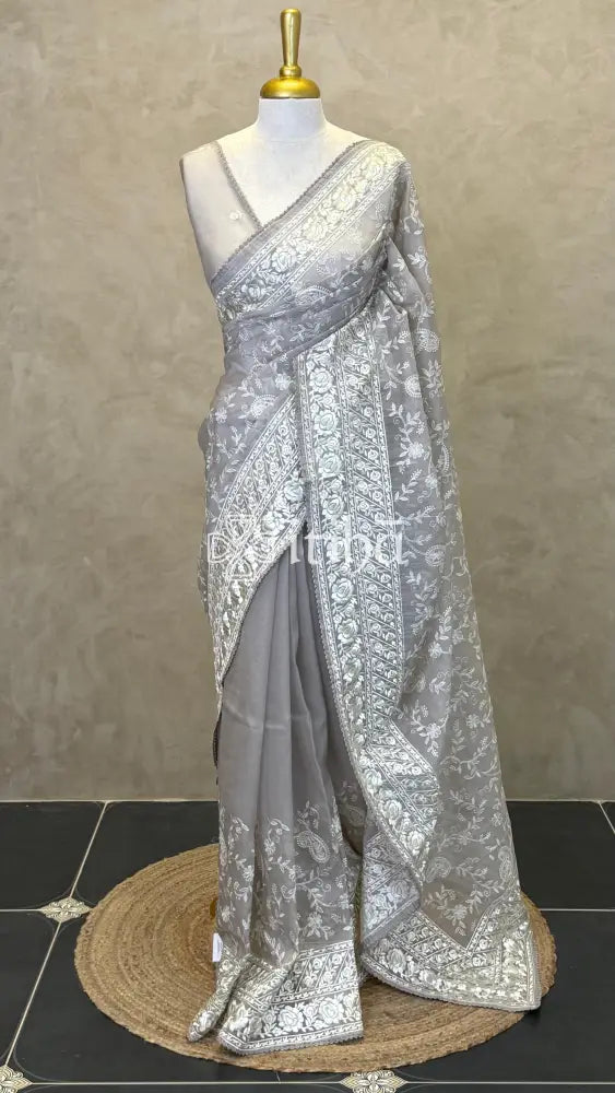 ORGANZA PARSI EMBROIDERY SAREE - LIGHT GREY