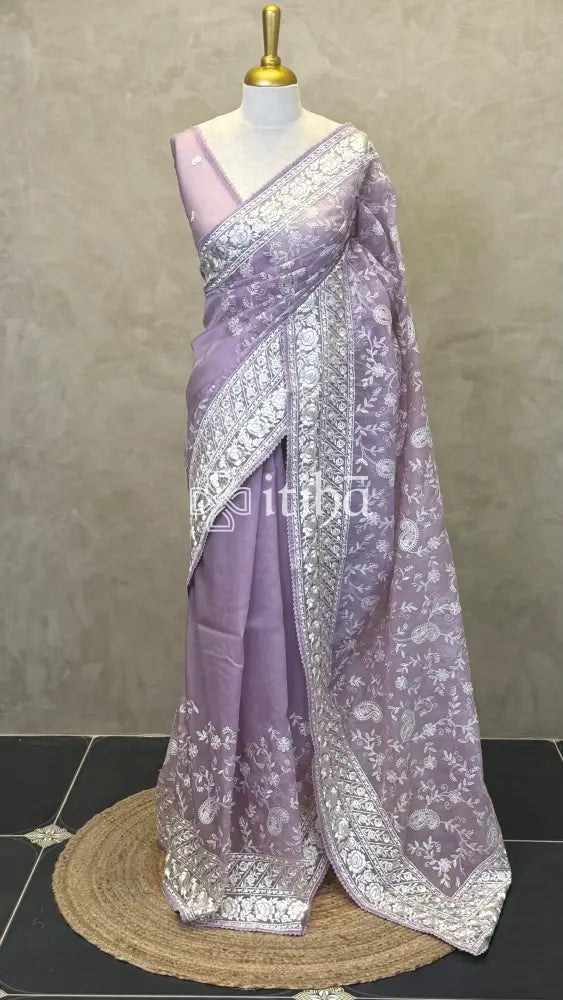 ORGANZA PARSI EMBROIDERY SAREE - LILAC