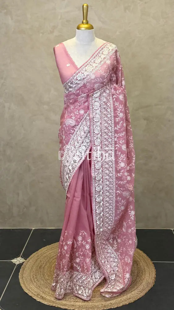 ORGANZA PARSI EMBROIDERY SAREE - Pink