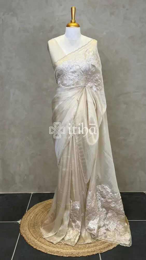 ORGANZA TURKISH APPLIQUE DESIGNER SAREE - Beige