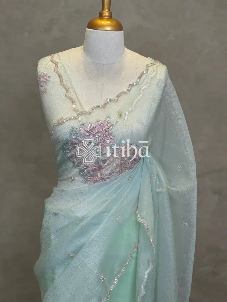 ORGANZA TURKISH APPLIQUE DESIGNER SAREE - MINT GREEN