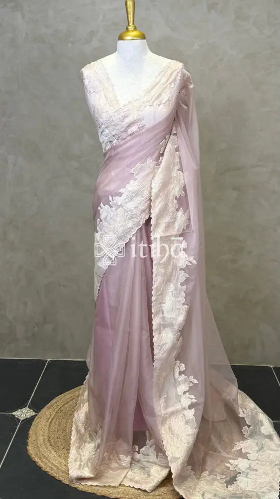 ORGANZA TURKISH APPLIQUE EMBROIDERY SAREE - dusty mauve