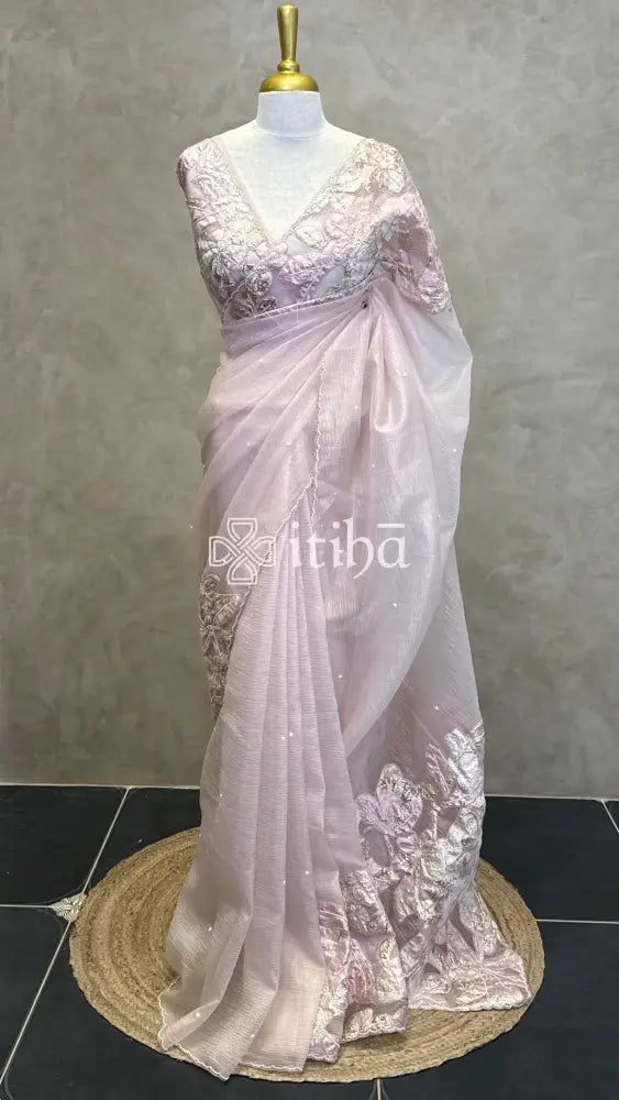 ORGANZA TURKISH APPLIQUE EMBROIDERY SAREE - LIGHT PINK