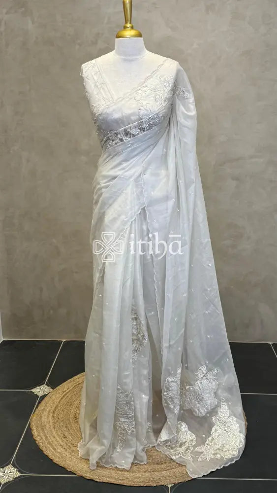 ORGANZA TURKISH APPLIQUE EMBROIDERY SAREE - OFF WHITE