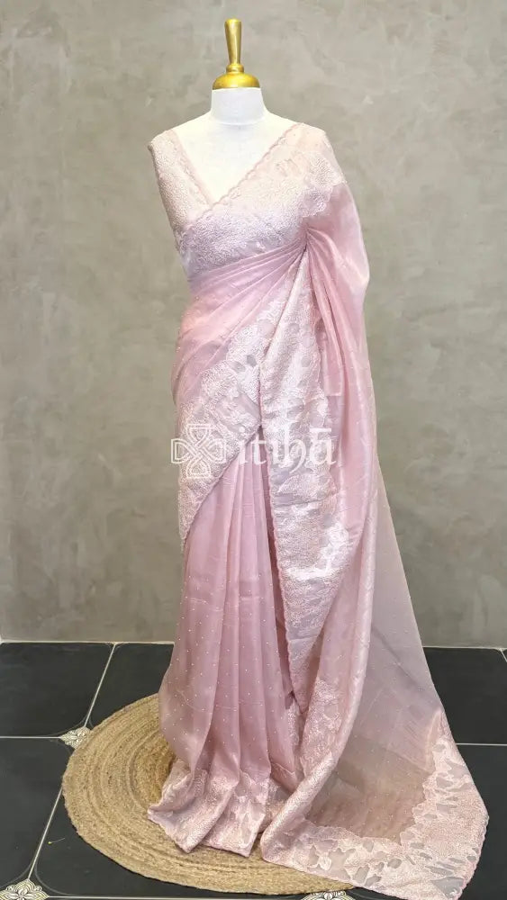 ORGANZA TURKISH APPLIQUE SAREE - BLUSH PINK