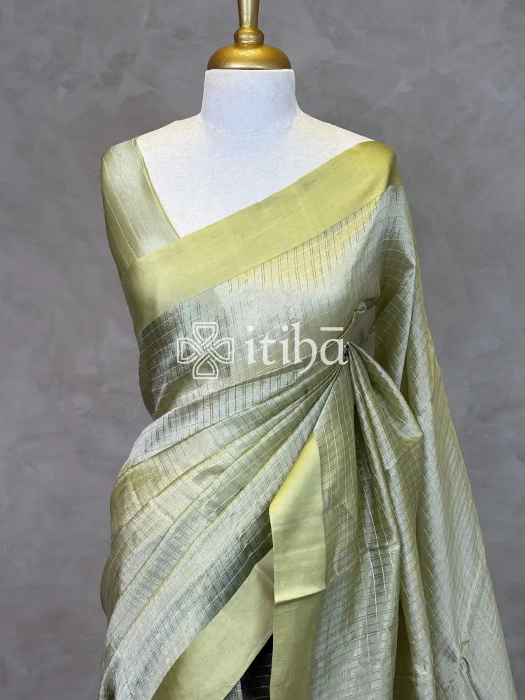 ORGANZA ZARI CHECKS SATIN BORDER BANARASI SAREE - DUSTY OLIVE GREEN