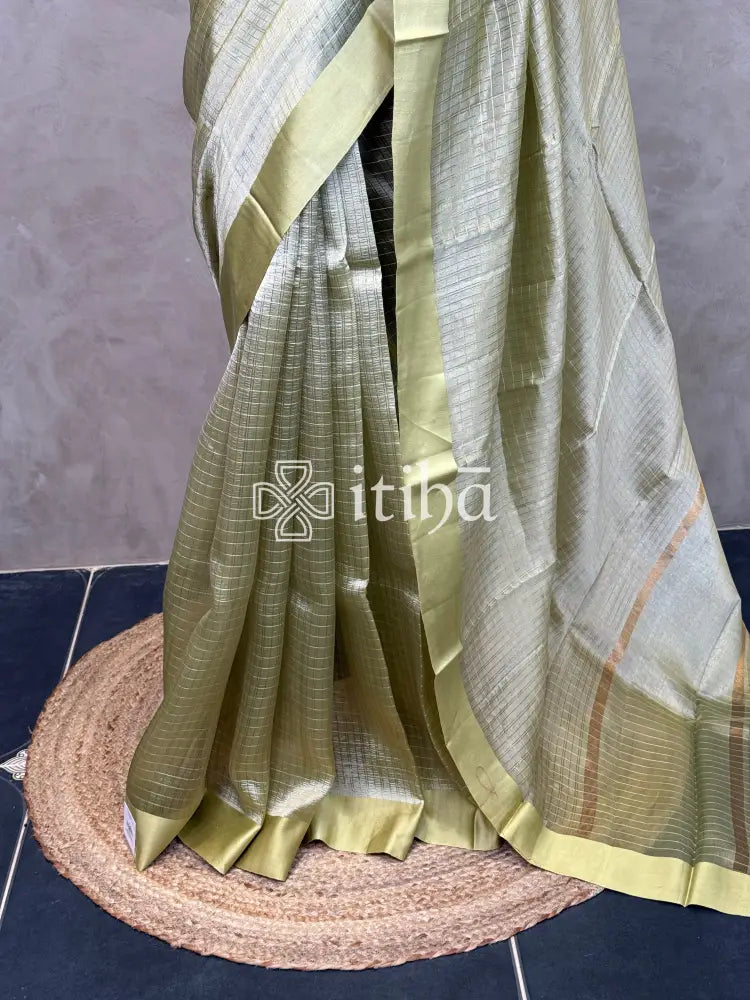 ORGANZA ZARI CHECKS SATIN BORDER BANARASI SAREE - DUSTY OLIVE GREEN