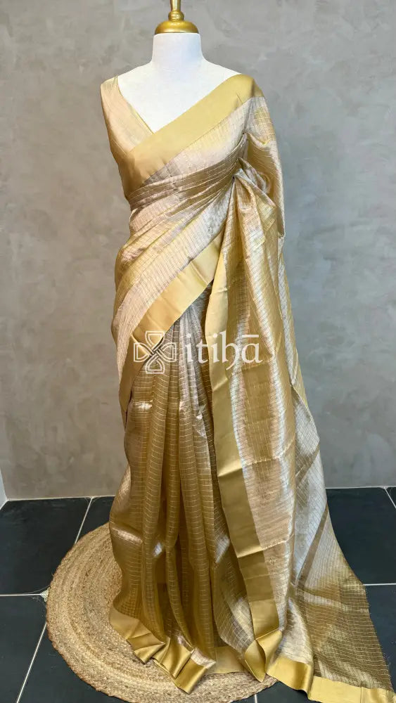 ORGANZA ZARI CHECKS SATIN BORDER BANARASI SAREE - CREAM GOLD