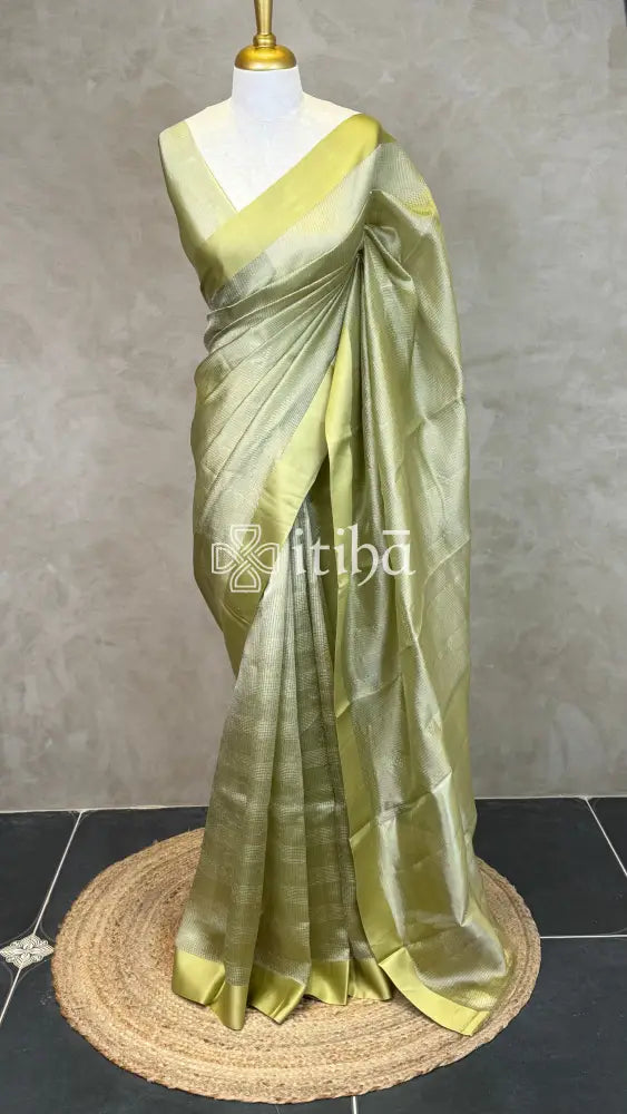 ORGANZA ZARI CHECKS SATIN BORDER BANARASI SAREE - DUSTY OLIVE GREEN