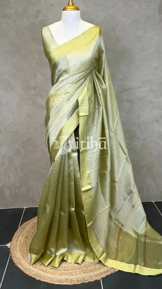 ORGANZA ZARI CHECKS SATIN BORDER BANARASI SAREE - DUSTY OLIVE GREEN