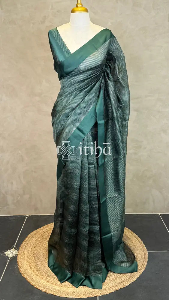 ORGANZA ZARI CHECKS SATIN BORDER BANARASI SAREE - Green