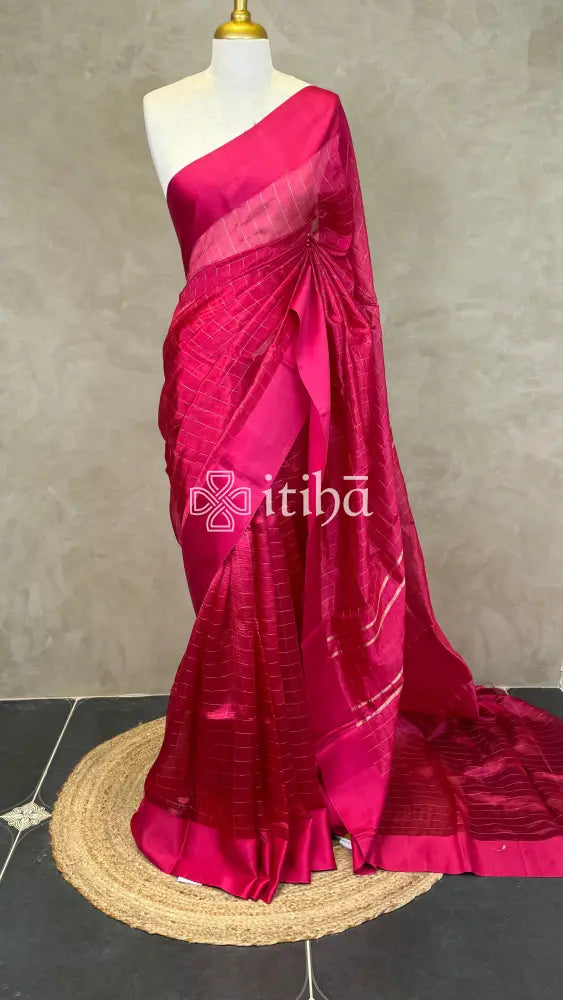 ORGANZA ZARI CHECKS SATIN BORDER BANARASI SAREE - RED PINK