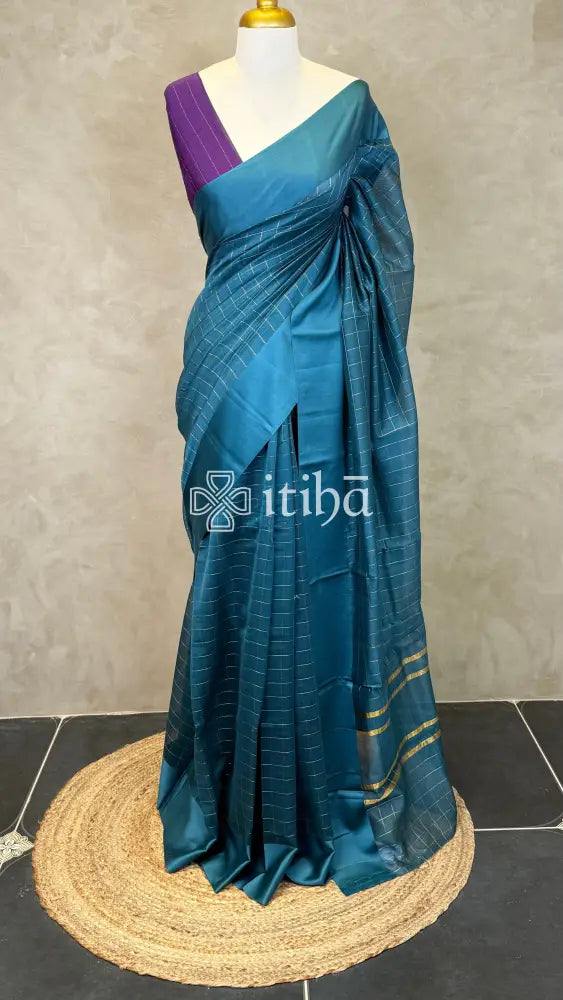ORGANZA ZARI CHECKS SATIN BORDER BANARASI SAREE - teal blue