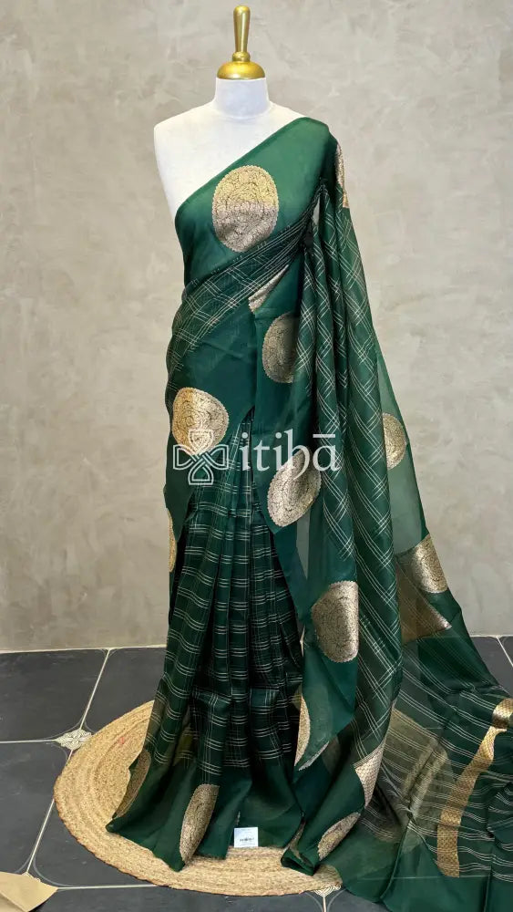 PURE KORA ORGANZA SILK BANARASI SAREE - DEEP GREEN