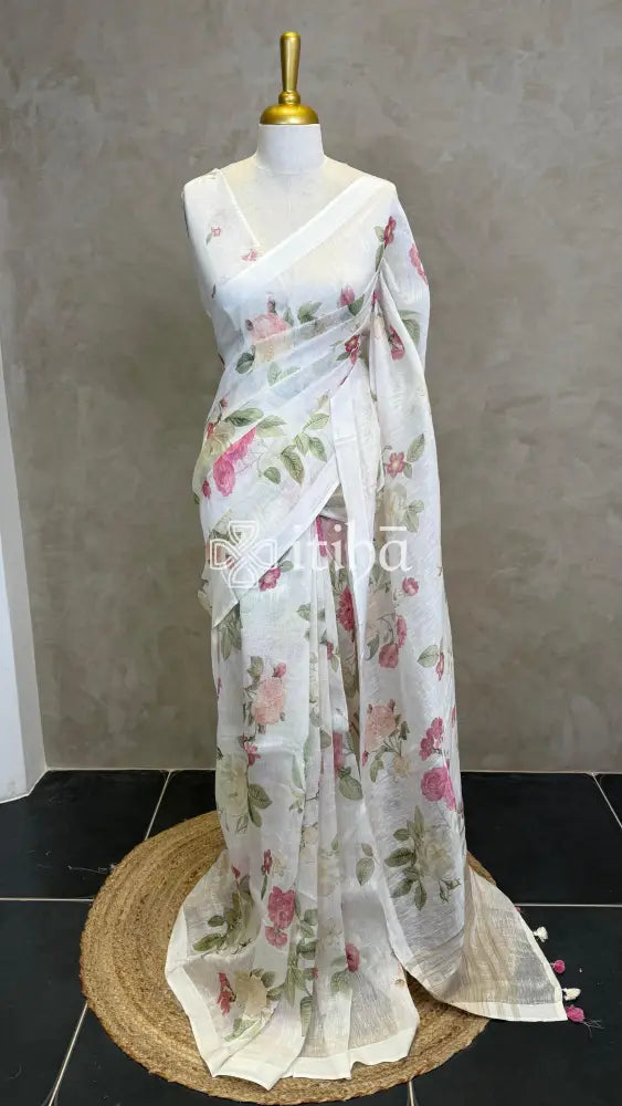 PURE SILK LINEN FLORAL PRINTED SAREE