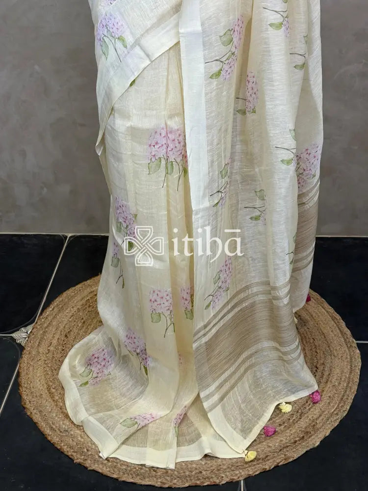 PURE SILK LINEN FLORAL PRINTED SAREE